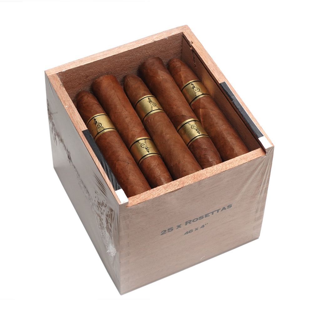 A cedar wood presentation slide-top cabinet box of 25 Casdagli Cabinet Selection Rosetta cigars, showcasing the neat arrangement of five short cone-shaped vitolas wrapped in smooth brown tobacco leaves with gold logo bands.